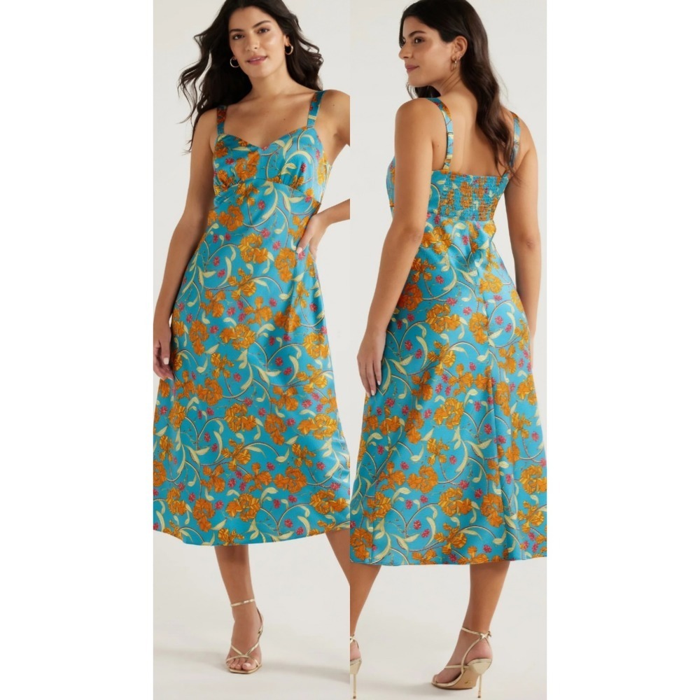 Sofia Vergara Blue Floral Midi Dress Size Medium Spring Resort